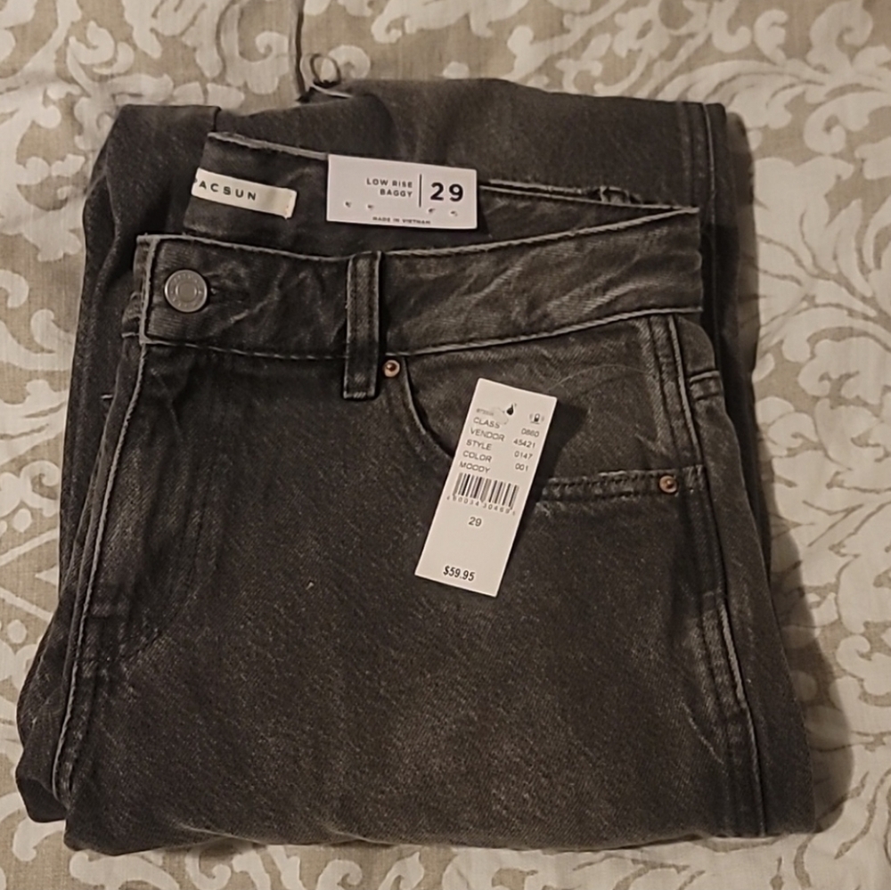 New PacSun Eco Low Rise Baggy Women's Black Distressed Wide Leg Size 29